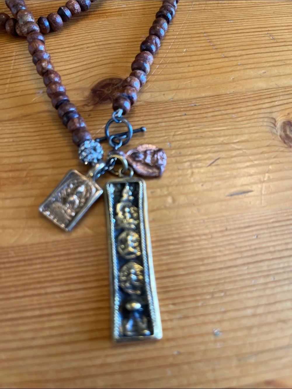 Stella and Dot Beaded Brown Wood Necklace with Buddha Charms 31 inches - Picture 2 of 2